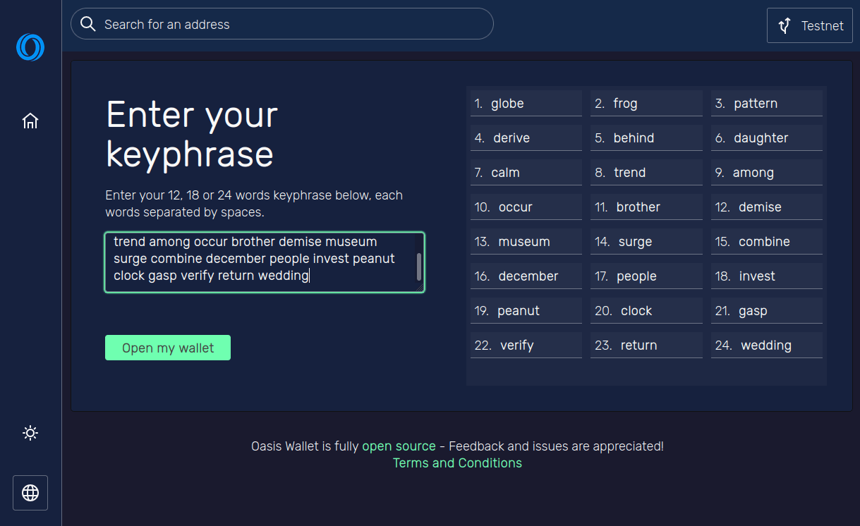 Open Wallet via Mnemonic