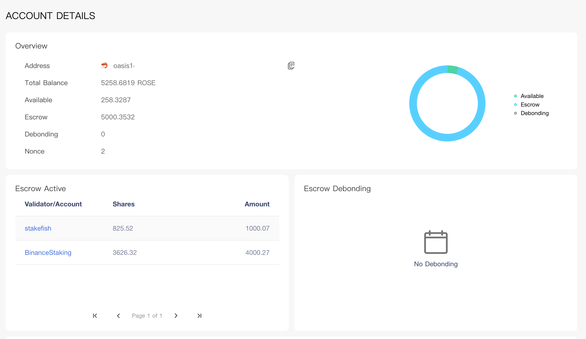 Account details of entered oasis1 address in Oasis Scan