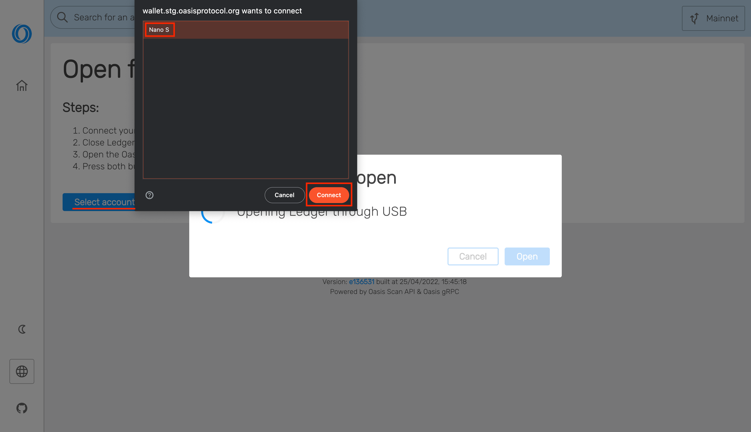 Oasis Wallet - Web -&gt; Select Ledger device and Connect